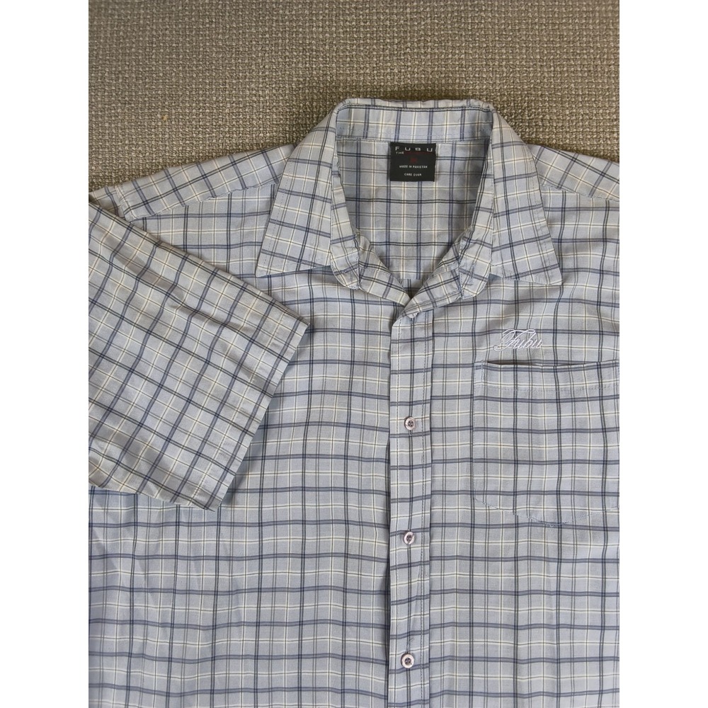 Vintage FUBU 1X Plaid Button Up Shirt Blue White Short Sleeve 90s Y2K Hip Hop